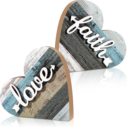 Jetec 2 Pcs Rustic Table Decorations for Living Room Home Decor Farmhouse Valentines Day Centerpiece Small Love Wooden Heart Decor for Dining Room Shelf Valentines Gift Decoration(Love Style)
