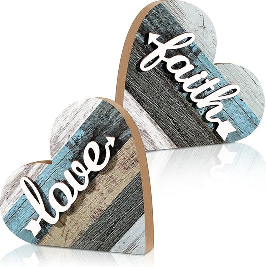Jetec 2 Pcs Rustic Table Decorations for Living Room Home Decor Farmhouse Valentines Day Centerpiece Small Love Wooden Heart Decor for Dining Room Shelf Valentines Gift Decoration(Love Style)