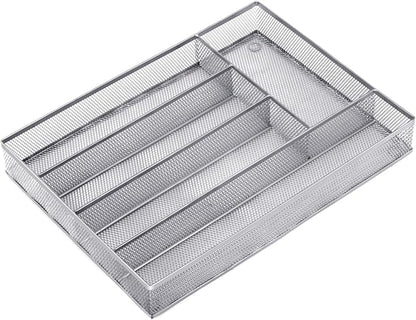 Neudeco Silverware Drawer Organizer, Silver, 5 Compartment | Mesh Wire, Non-Slip Feet, Cutlery Tray, Flatware Storage Divider