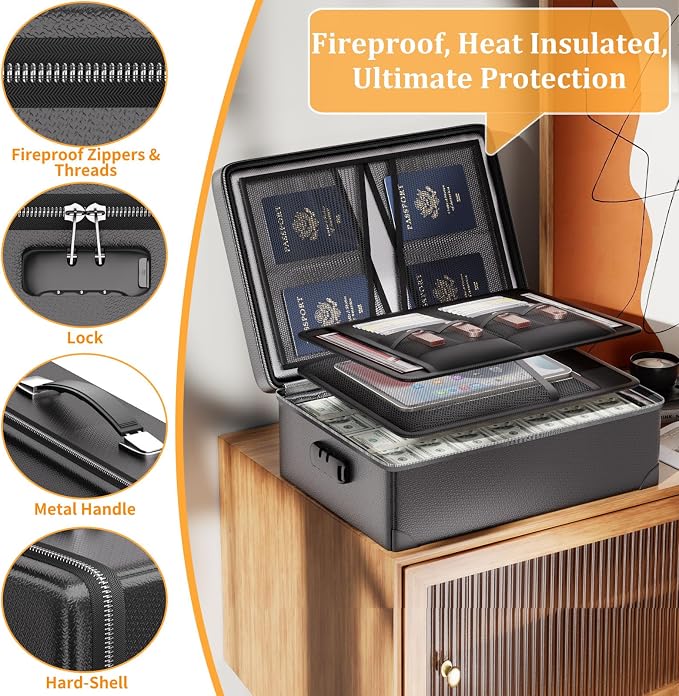 DocSafe Fireproof Document Box with Lock - 12 Layers Heat Insulated File Organizer Hard Case Safe Box with Fireproof Zipper, Home Safe Protects Important Documents, Passport, Cash (Black)
