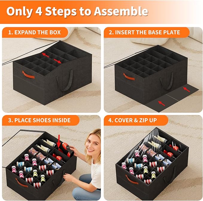 Aokeyee Shoe Organizer for Closet, 2 Pack Large Shoe Storage Box Fits up to 24-48 Pairs, Space Saving Foldable Shoes Organizer Bin w/Clear Cover and 4 Reinforced Handles, Black