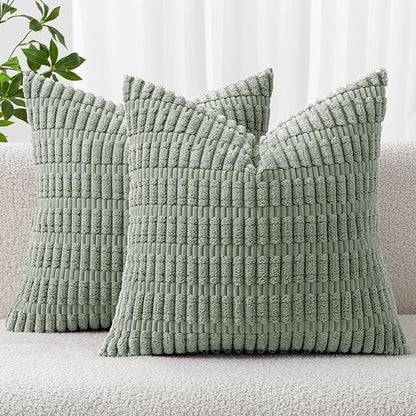 MIULEE Pack of 2 Spring Corduroy Decorative Euro Sham Throw Pillow Covers 22x22 Inch Soft Boho Striped Pillow Covers Modern Farmhouse Home Decor for Summer Sofa Living Room Couch Bed Greyish Green