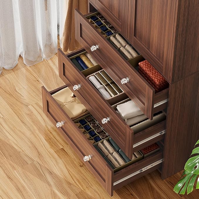 VOWNER Armoire Wardrobe Closet with Drawers and Mirror, 71" Clothing Storage Cabinet with Hanging Rod, 2 Doors Wooden Wardrobe Cabinet for Bedroom, Large Capacity Storage