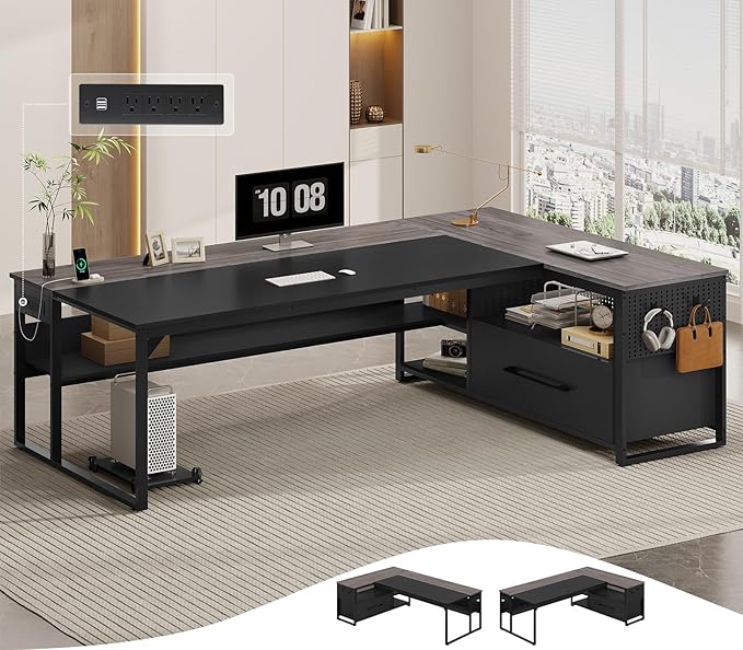 71" Executive Desk, Large Office Desk with Widen File Drawers & Power Outlets, Reversible L Shaped Computer Desk Corner Desk with Storage Shelves, CPU Stand, Hooks, Business Furniture (Grey)