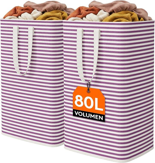 Lifewit 2 Pack Laundry Basket 80L Each, Collapsible Clothes Hamper with Reinforced Handles, Freestanding Waterproof Design for Bedroom and Laundry Room, Purple 160L Total
