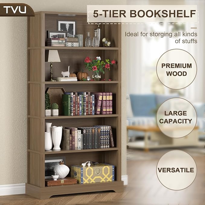 TVU 5-Tier Wooden Bookshelf, 65" Tall Farmhouse Style Open Bookcase, 31.5" W Standing Book Shelf with Storage, Suitable for Study, Living Room, Office, Teak