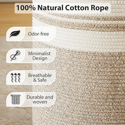 Fiona's magic 72L Large Woven Laundry Hamper, Tall Cotton Rope Storage Basket, Jute Baby Nursery Hamper for Blankets, Toys and Clothes in Bedroom and Living Room Organizing, Brown & White