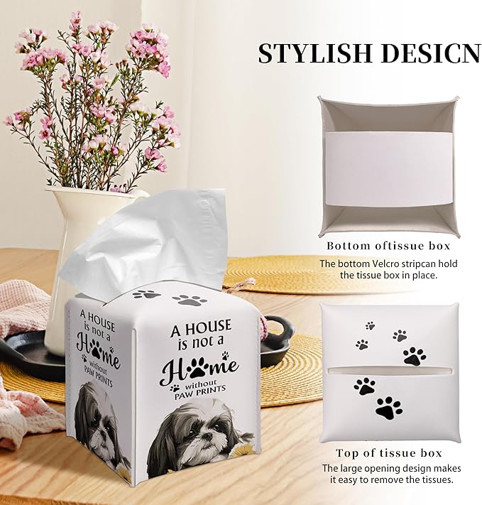 Grace Yonks Cute Shih Tzu Tissue Box Cover Square, Shih Tzu Dog Cube Case for Facial Tissues, 5.2" PU Leather(029)