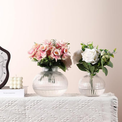 Round Glass Vases Set of 2, Flower Vases for Bouquet, Ribbed Glass Vase for Flowers, Small Clear Vase for Living Room, Office, Coffee Table, Shelf, Wedding