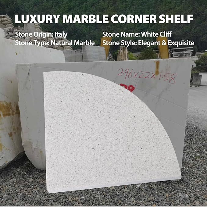 Koville Italian Marble Corner Shower Shelf for Bathroom, 10'' Marble Corner Shelves for Bath, Wall Mounted Stone Corner Shower Caddy, No Drilling Adhesive Shower Shelf - White Cliff (2-Layer)