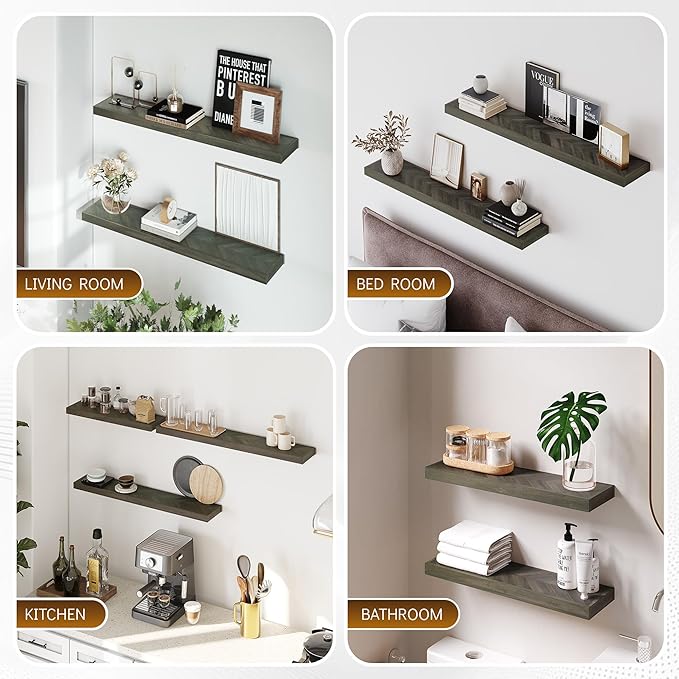 Howizz 48" Rustic Farmhouse Floating Shelves – Set of 2 Acacia Wood Shelves for Stylish Wall Decor in Kitchen, Bathroom, Unique Chevron Pattern, Mocha Color, 48x8x1.5 Inches - Set of 2 - DIY