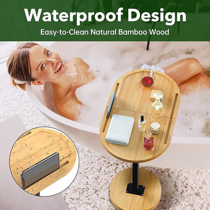 NiHome Bamboo Large Swivel TV Tray Table with Thickened Stable Non-Tipping Base, Adjustable Height Couch Table Tray, End Table, Bathtub Side Tray Table 360° Rotating for Hot Tub Bedside Sofa Balcony