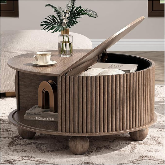 JOINICE Round Coffee Table with Storage, 31.5" Walnut Fluted Drum Center Table, Mid Century Modern Wood Circle Table with Sliding Door & Bun Feet for Living Room