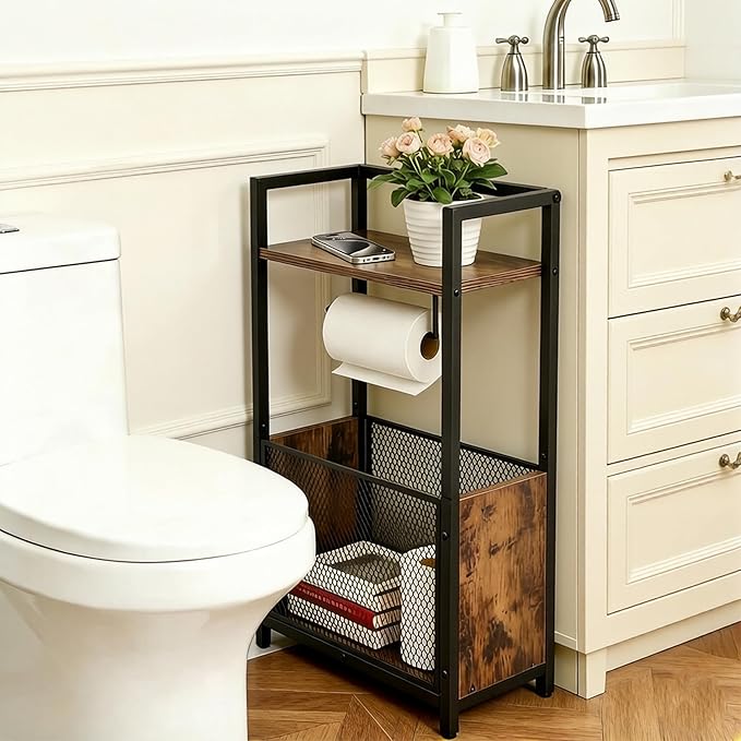 Toilet Paper Holder Stand, Free Standing Toilet Paper Stand with Metal Mesh Basket, Freestanding Toilet Paper Holder with Storage for Bathroom Tissue Roll Holder, Magazines, Wipes, Black