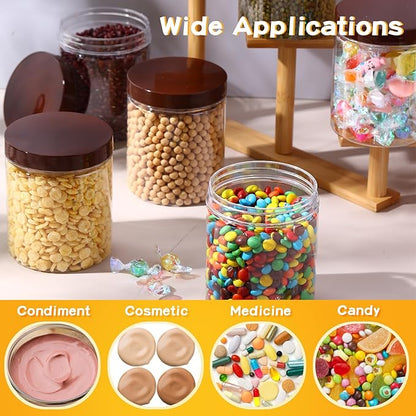 Irenare 24 Pcs 16 oz Plastic Jars with Lids Clear Plastic Containers Wide Mouth Food Mason Jars Airtight Storage Containers for Cake, Dried Fruit, Honey, Nuts, Carft, Scrub Cream(Brown Lids)