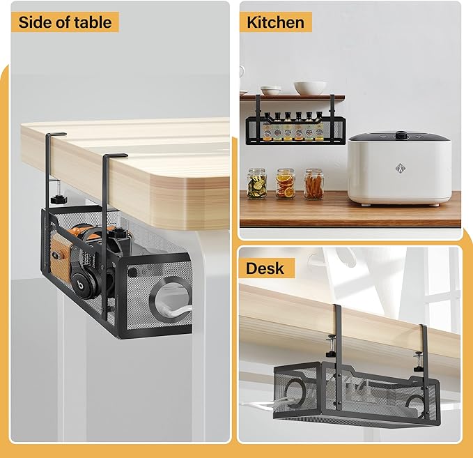 Under Desk Cable Management Tray Black, Cinati Wire Organizers No Drill, Cable Tray with Clamp for Wire Management, Cord Organization Box for Office, Home - No Damage to Desk