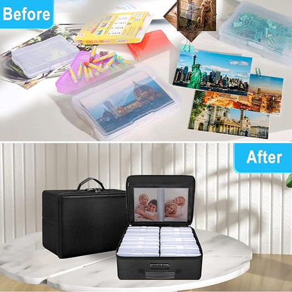 ENGPOW Fireproof Photo Storage Box with 16 Inner 4" x 6" Photo Case(Clear),Photo Box Organizer with Lock,Collapsible Portable Photo Storage Containers with Handle for Photos,Picture,Valuables