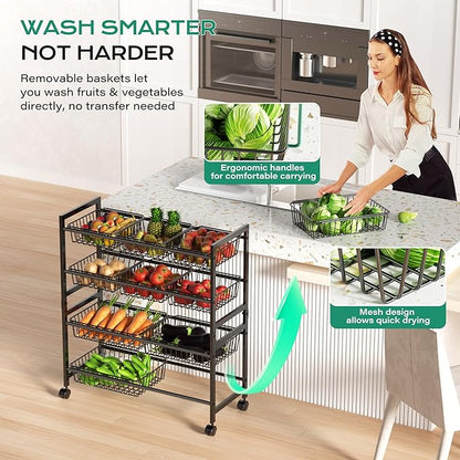 Cinati 4-Tier Snack Cart with Wheels, 29''W Toy Storage Organizer, Rolling Pantry Storage Cart with 10 Wire Baskets & Handle,Adjustable Metal Snack Rack, Kitchen Organizer for Fruit, Vegetables(Black)