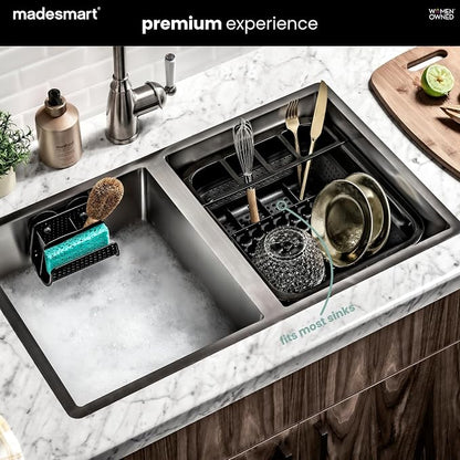 madesmart Collapsible Dish Rack, Foldable Dish Drying Station for Plates, Bowls, Cups & Utensils, Integrated Draining Board, Non Slip Base, Durable & Easy-Clean Kitchen Drying Organizer, Carbon