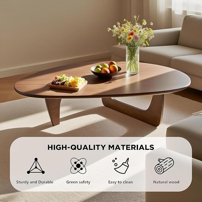 Solid Wood Triangle Coffee Table,Unique Mid Century Modern Oval Coffee Table,Irregular Geometric Tea Tables for Home Living Room with Wooden Tabletop and Reinforced Legs Walnut 43" L x 31" W x 16" H