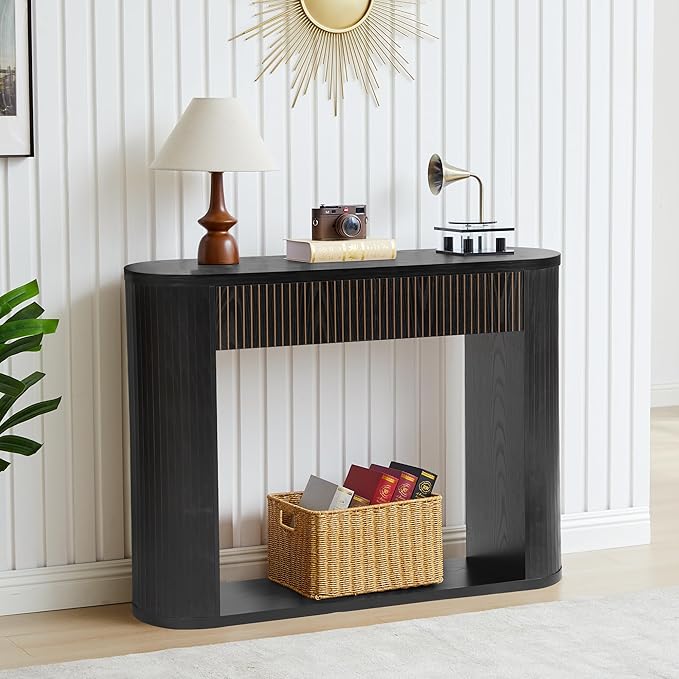 42.5” Console Table with 2 Drawers, Fluted Entryway Table with Rounded Corners, Rectangular Sofa Table Behind Couch for Living Room, Hallway, Foyer (Black)