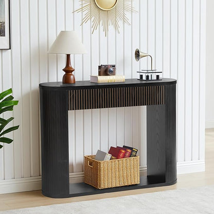 42.5” Console Table with 2 Drawers, Fluted Entryway Table with Rounded Corners, Rectangular Sofa Table Behind Couch for Living Room, Hallway, Foyer (Black)