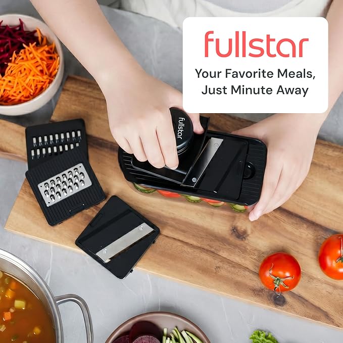 Fullstar Essential Mandoline Slicer for Kitchen - Space-Saving 4-in-1 Fruit Cutter, Cucumber Slicer, Julienne Peeler, Cheese Grater