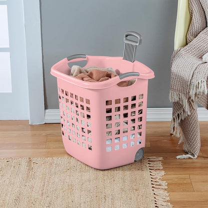 Sterilite 4 Pack Ultra Wheeled Laundry Basket, Plastic Clothes Hamper Bin with Wheels and Retractable Handle, 1.7 Bushel Capacity, Pink Frost