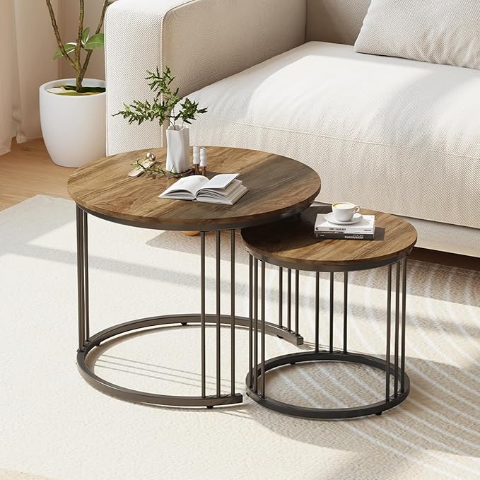 Garden 4 you Nesting Coffee Table, 23.6" Round Coffee Table Set of 2, Wooden Nesting Table with Metal Frame, Ceter Tables for Living Room Bedroom Balcony, Brown