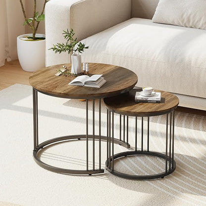Garden 4 you Nesting Coffee Table, 23.6" Round Coffee Table Set of 2, Wooden Nesting Table with Metal Frame, Ceter Tables for Living Room Bedroom Balcony, Brown