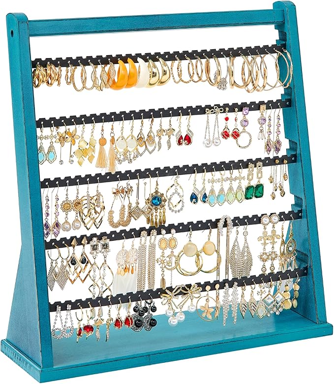 Poyilooo Earring Organizer Stand, Rustic Wood Earring Holder Rack, 5 Layer Jewelry Holder Organizer with 270 Earring Tree Holes Display for Stud Earings & Hoop Earrings, Gifts for Women (Teal)