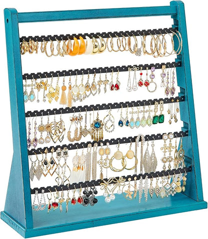 Poyilooo Earring Organizer Stand, Rustic Wood Earring Holder Rack, 5 Layer Jewelry Holder Organizer with 270 Earring Tree Holes Display for Stud Earings & Hoop Earrings, Gifts for Women (Teal)