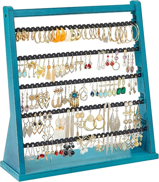 Poyilooo Earring Organizer Stand, Rustic Wood Earring Holder Rack, 5 Layer Jewelry Holder Organizer with 270 Earring Tree Holes Display for Stud Earings & Hoop Earrings, Gifts for Women (Teal)