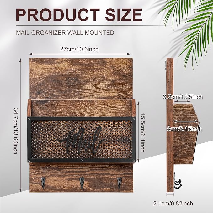 Yalikop Farmhouse Mail Organizer Wall Mounted Rustic Mail Holder Hanging Key Sorter with 3 Hooks Indoor Wooden Wall Mounted, Letter, Magazines, Newspapers, Keys(Classics,Brown)