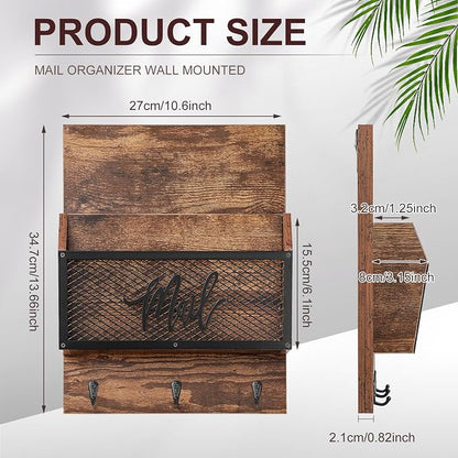 Yalikop Farmhouse Mail Organizer Wall Mounted Rustic Mail Holder Hanging Key Sorter with 3 Hooks Indoor Wooden Wall Mounted, Letter, Magazines, Newspapers, Keys(Classics,Brown)