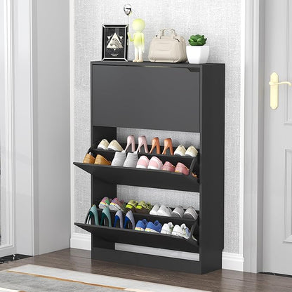 Shoe Cabinet with 3 Flip Drawers, 47" Slim Hidden Wood Shoe Storage Cabinet with Adjustable Shelf, Freestanding Narrow Shoe Rack Organizer for Entryway, Hallway, Black