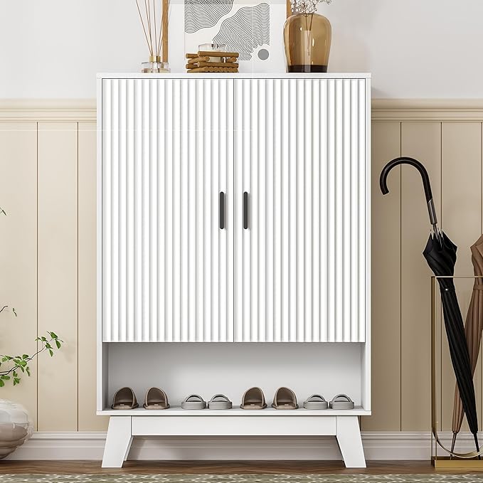 Shoe Cabinet Storage for Entryway, 5 Tier Fluted Shoe Storage Cabinet with Wooden Legs, Narrow Hidden Shoe Organizer with Adjustable Shelves, Freestanding Shoe Rack for Entryway, Hallway, White