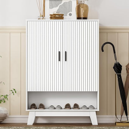 Shoe Cabinet Storage for Entryway, 5 Tier Fluted Shoe Storage Cabinet with Wooden Legs, Narrow Hidden Shoe Organizer with Adjustable Shelves, Freestanding Shoe Rack for Entryway, Hallway, White