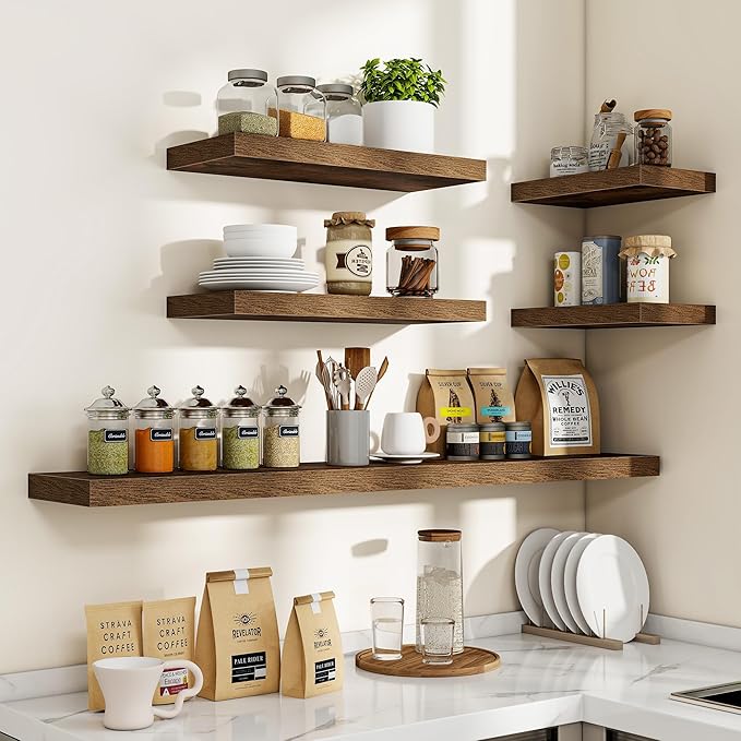 Acovy 16 Inch Floating Shelves, 16"x9.25"x1.5" Inch Deep Floating Shelves for Wall, Wooden Shelves for Bathroom, Bedroom, Living Room, Brown, 2 Pieces
