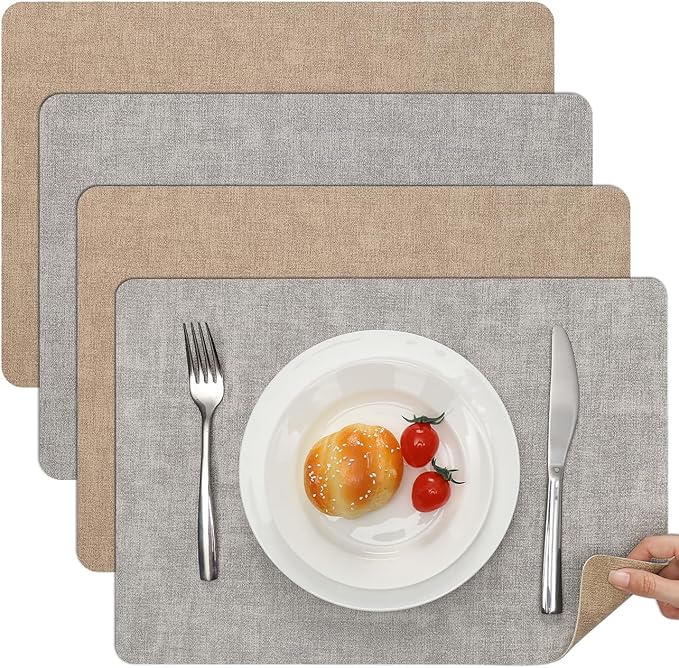 Myir JUN Reversible Vinyl Placemats Set of 4, Faux Leather Place Mats Dual Sided Waterproof Oilproof Wipeable, Heat-Resistant Table Mats for Kitchen Dining Indoor Outdoor (12" x 17", Light Gray Beige)
