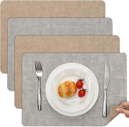Myir JUN Reversible Vinyl Placemats Set of 4, Faux Leather Place Mats Dual Sided Waterproof Oilproof Wipeable, Heat-Resistant Table Mats for Kitchen Dining Indoor Outdoor (12" x 17", Light Gray Beige)