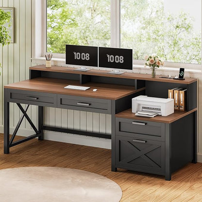 SEDETA Farmhouse Home Office Desk with File Drawer & Power Outlet, Computer Desk with 4 Drawer, Storage Shelves, Printer Cabinet and Monitor Shelf, Gaming Desk with Led Lights, Black Brown