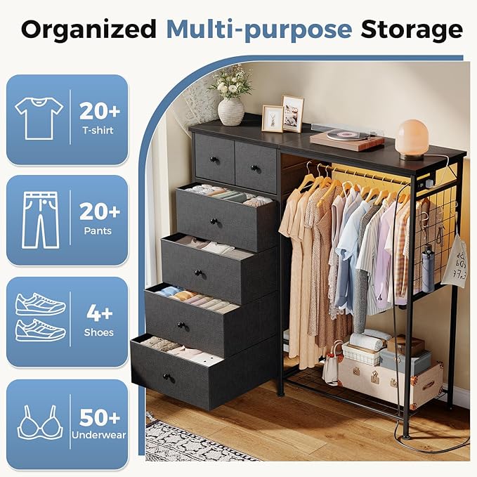 OLIXIS 6 Storage for Bedroom with Hanging Rack with LED Lights & Charging Station, Fabric Chest of Storage with Rack, Wooden Top, for Home Living Room Entryway Grey
