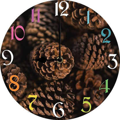 Pinecone Wall Clock 10 Inch Wooden Battery Operated Autumn Forest Maple Leaves Wall Clocks Decorative Indoor,Decorative for Kitchen Bathroom Bedroom