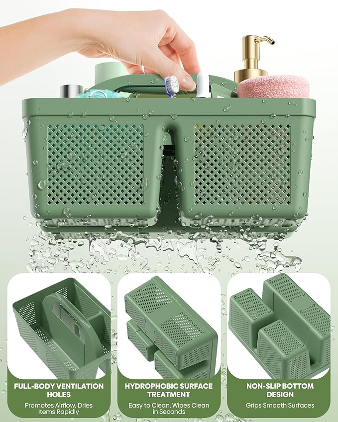 4 Pack Portable Shower Caddy, Integrated Handle, Reinforced Plastic, Quick-Dry Ventilation Holes, Multi-purpose Storage Basket for Home, Dorm and Bathroom, Kitchen, Green