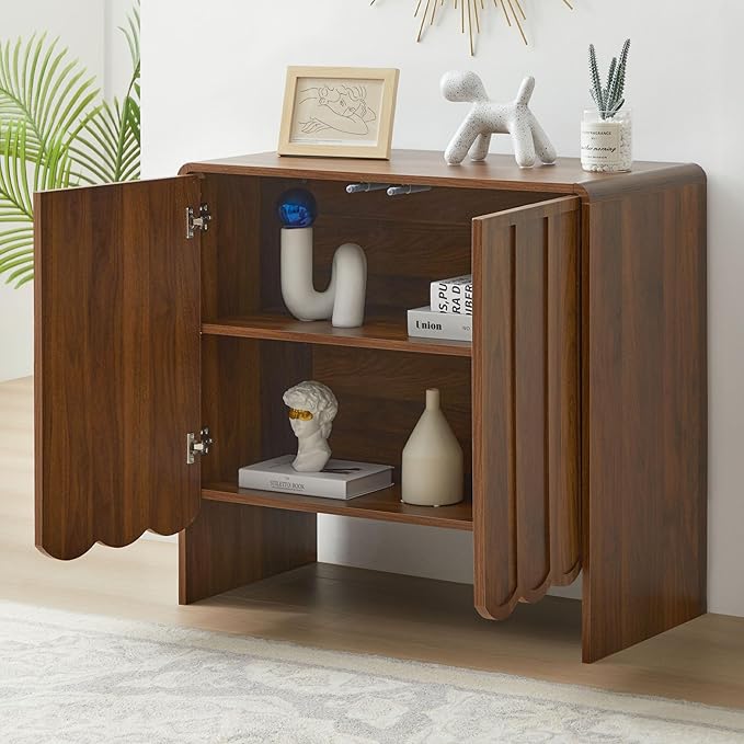 ORRD Sideboard Buffet Cabinet Set of 2, Accent Storage Cabinets with 2 Doors, Farmhouse Wood Cabinet with Adjustable Shelves and Wave Panel for Living Room, Dining Room, Entry - Walnut | 2 Doors, Adjustable Shelves, Wave Panel