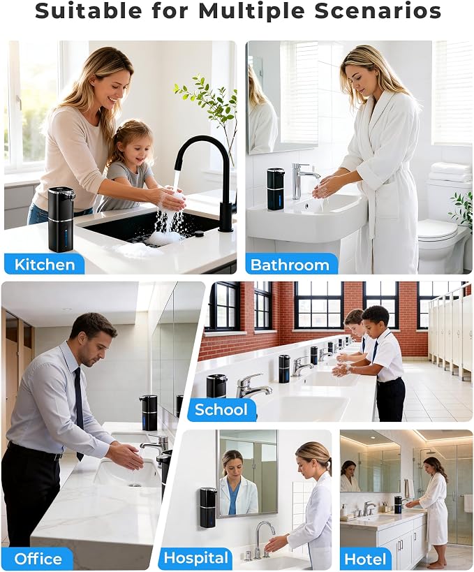 2 Pack Automatic Liquid Soap Dispenser, 13.5oz/400mL, USB Rechargeable, 9-Adjustable Liquid Levels, IPX5 Waterproof, Touchless & Wall/Tabletop Use for Kitchen Bathroom, Black