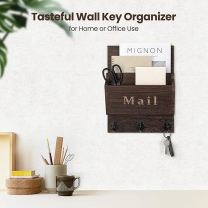 Mail and Key Holder - Decorative 8.86" x 11.42" Wall Key Hanger with 2 Mail Organizer Slots and 3 Hooks - Real Paulownia Wood with Keyhole Brackets, Hardware and Instructions (Brown)