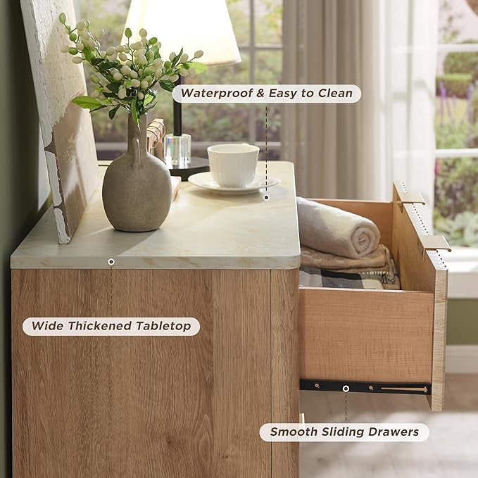 T4TREAM Fluted 5 Drawers Dresser, 48" Tall Modern Chest of Drawers with Faux Marble Top, Curved Profile Design, Wood Drawer Organizer for Bedroom, Living Room, Hallway, Entryway, Natural Oak