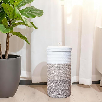 Toilet Paper Holder Handmade – Woven Cotton Toilet Paper Stand & Storage Basket with Lid, Freestanding Organizer for Bathroom, Fits 3 Mega Rolls Gradient Brown 14'' x 7''